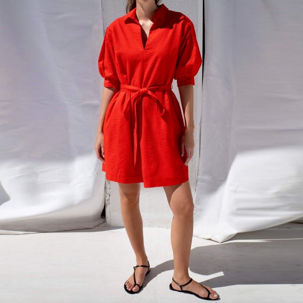 $245 AYR Red Hot Sauce Crinkle Solstice Dress size Medium Cotton Shift NO BELT